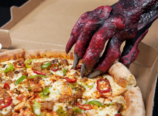 A dragon's claw grabbing a pizza