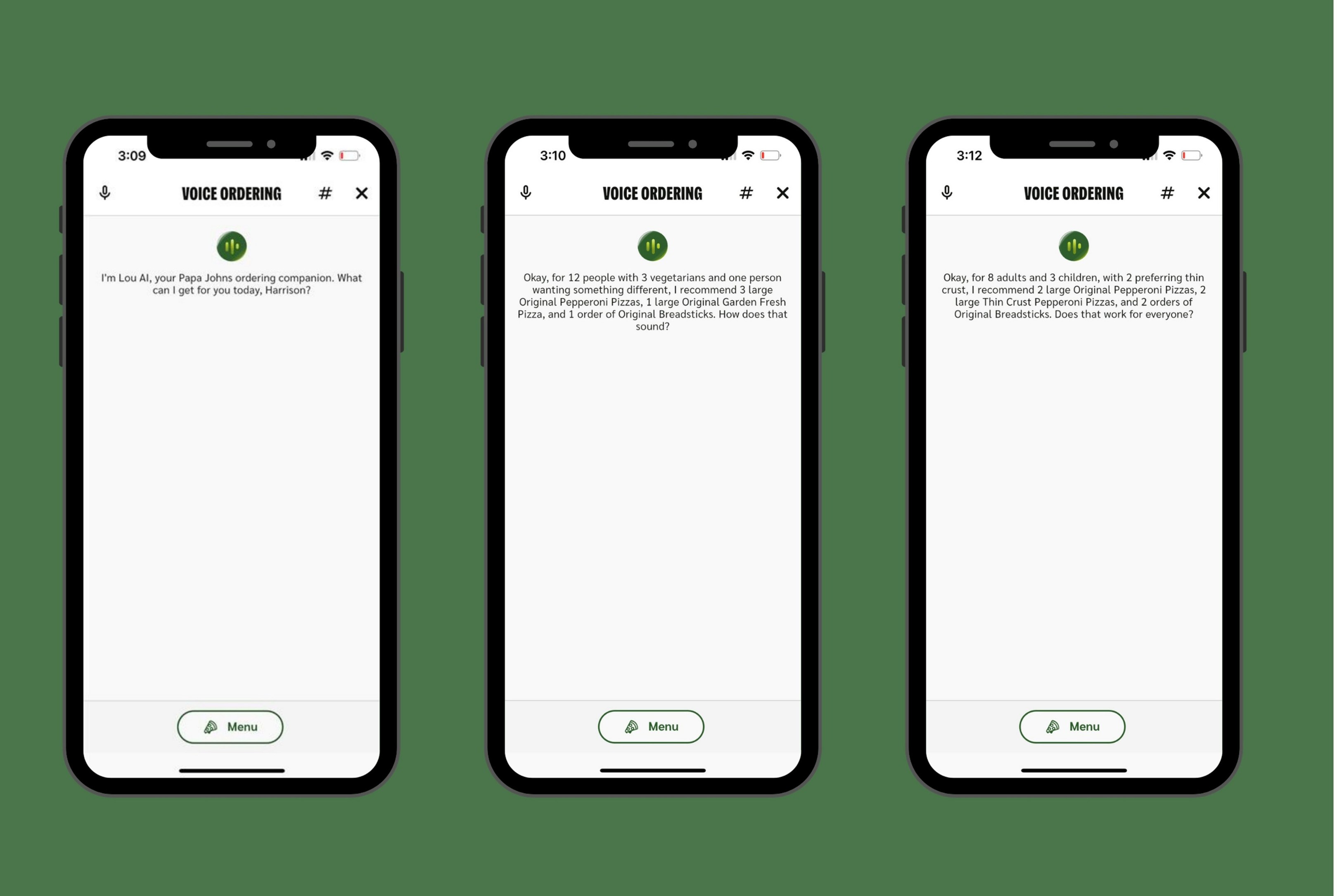 An image of screenshots of Papa Johns digital pizza assistant