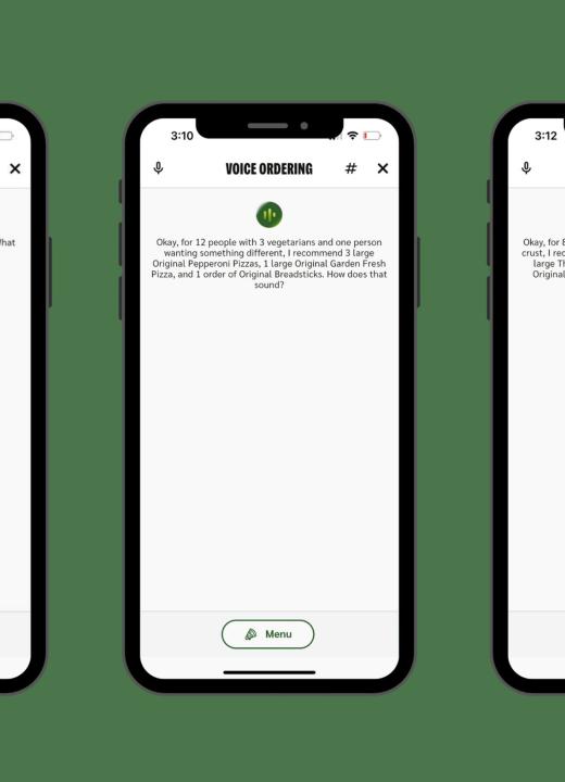An image of screenshots of Papa Johns digital pizza assistant