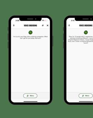 An image of screenshots of Papa Johns digital pizza assistant