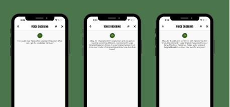 An image of screenshots of Papa Johns digital pizza assistant